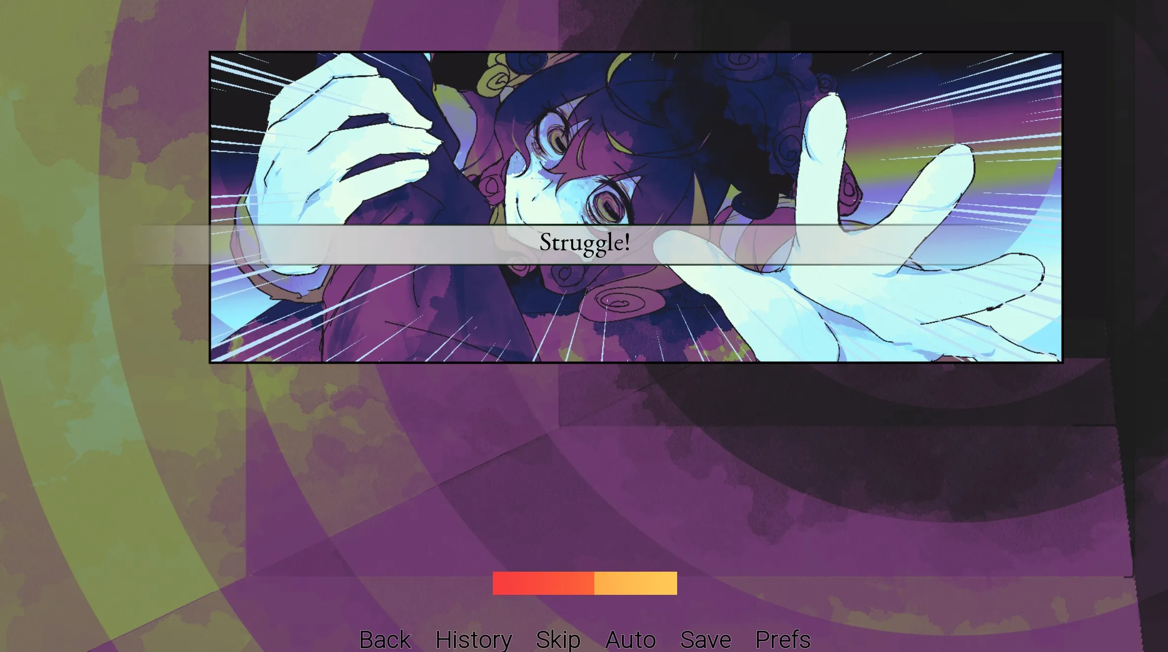 Gameplay moment from Fried Chicken Wings Cause Love Fires showing a character reaching forward in distress, with motion effects and the word ‘Struggle!’ appearing across the screen.