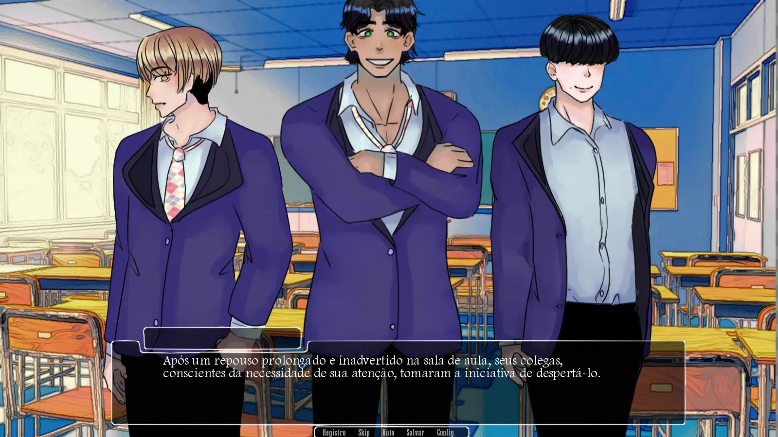 Scene from O Amor do Stalker showing three male students in purple uniforms standing in a brightly lit classroom, engaged in conversation in Portuguese text.