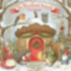 Animals in winter clothes gather by a cozy cottage in the snow. A squirrel holds a lantern. A Christmas tree and snowflakes add festivity.