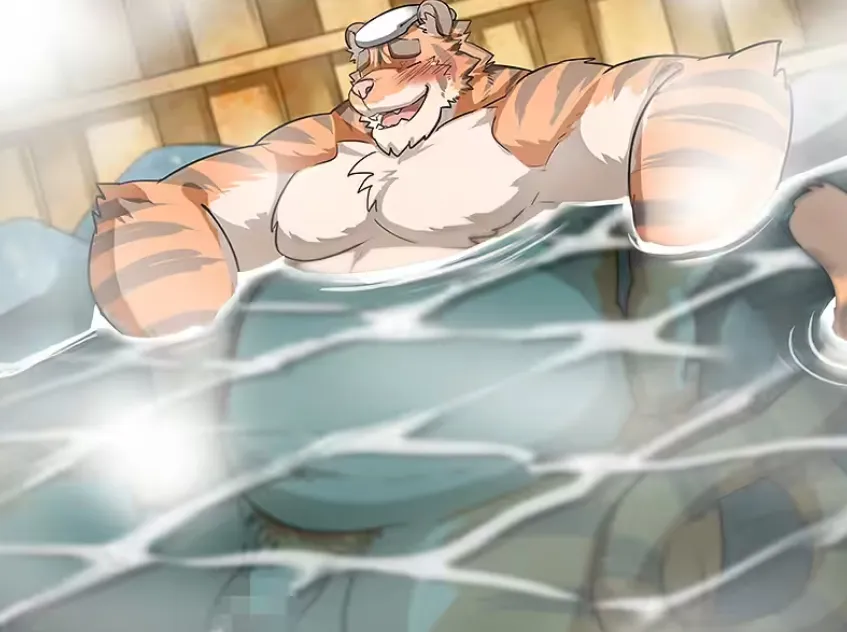 A muscular anthropomorphic tiger relaxes in a hot spring, steam rising around him, representing a cozy moment in furry bara visual novels.