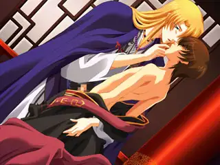 A tall, regal man with long blonde hair gently touches the face of a smaller, shirtless man in a dimly lit, elegant room with red columns and decorative panels.