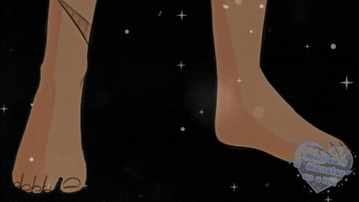 Wagner from "I Married a Monster on a Hill" his feet shown in a gif covered with sparkles and the series logo on the right hand corner.