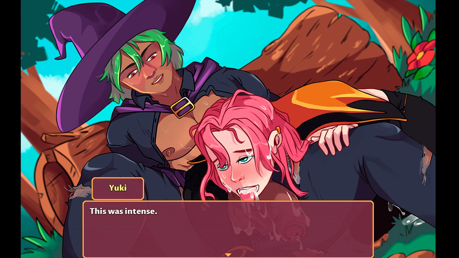 A visual novel scene depicting two male characters in a close, intimate moment outdoors. One character has green hair and a wizard hat, while the other has pink hair and is leaning forward with a flushed expression. The dialogue box at the bottom shows text from the character Yuki.