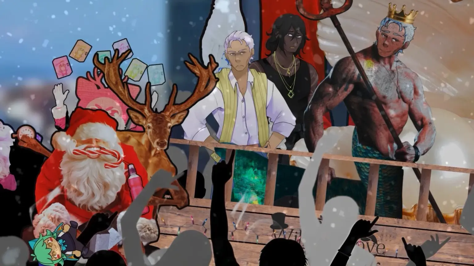 Crowded winter parade scene with Santa holding a candy cane, a reindeer, cheering silhouettes, and three illustrated men standing on a wooden platform, including a crowned, shirtless figure holding a trident, as snow falls around them. Characters depicted are Santas, Reginald and Clyde.