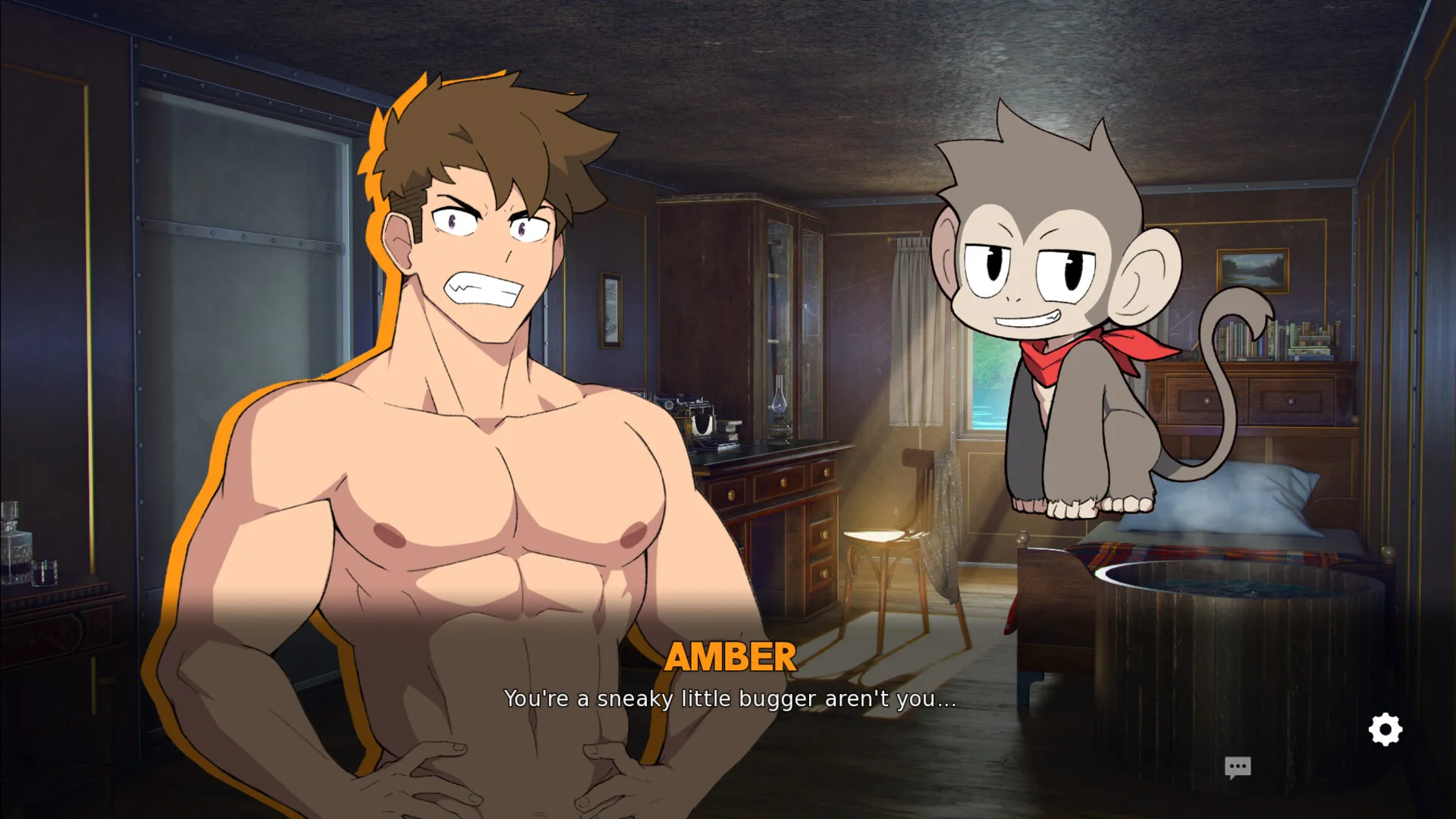 Visual novel scene showing a muscular brown-haired man labeled “Amber” standing shirtless in a dimly lit study, looking startled, while a small chibi-style character in a suit with glasses hovers beside him. Dialogue text appears at the bottom of the screen.
