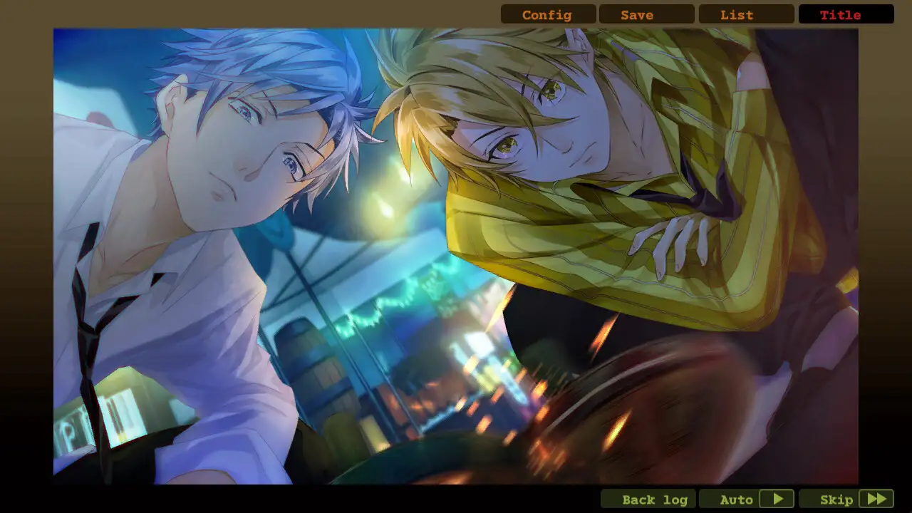 Two young men from MR.GIANCARLO “THE BOSS” lean forward in a neon-lit city street at night, one with blue hair and the other with blond, both wearing button-down shirts and serious expressions.