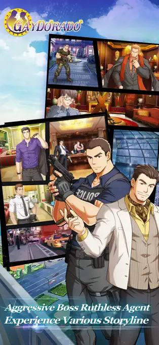 Gaydorado gameplay collage showing muscular male characters including a police officer and a stylish agent, with action scenes, romantic story moments, and bara-style men interacting in a gay male dating game environment.