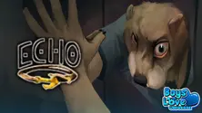 Promotional image for Echo, a furry horror visual novel. It shows an anthropomorphic animal with a menacing expression and the game’s logo beside it. The Boys Love Universe logo is displayed in the bottom right corner.