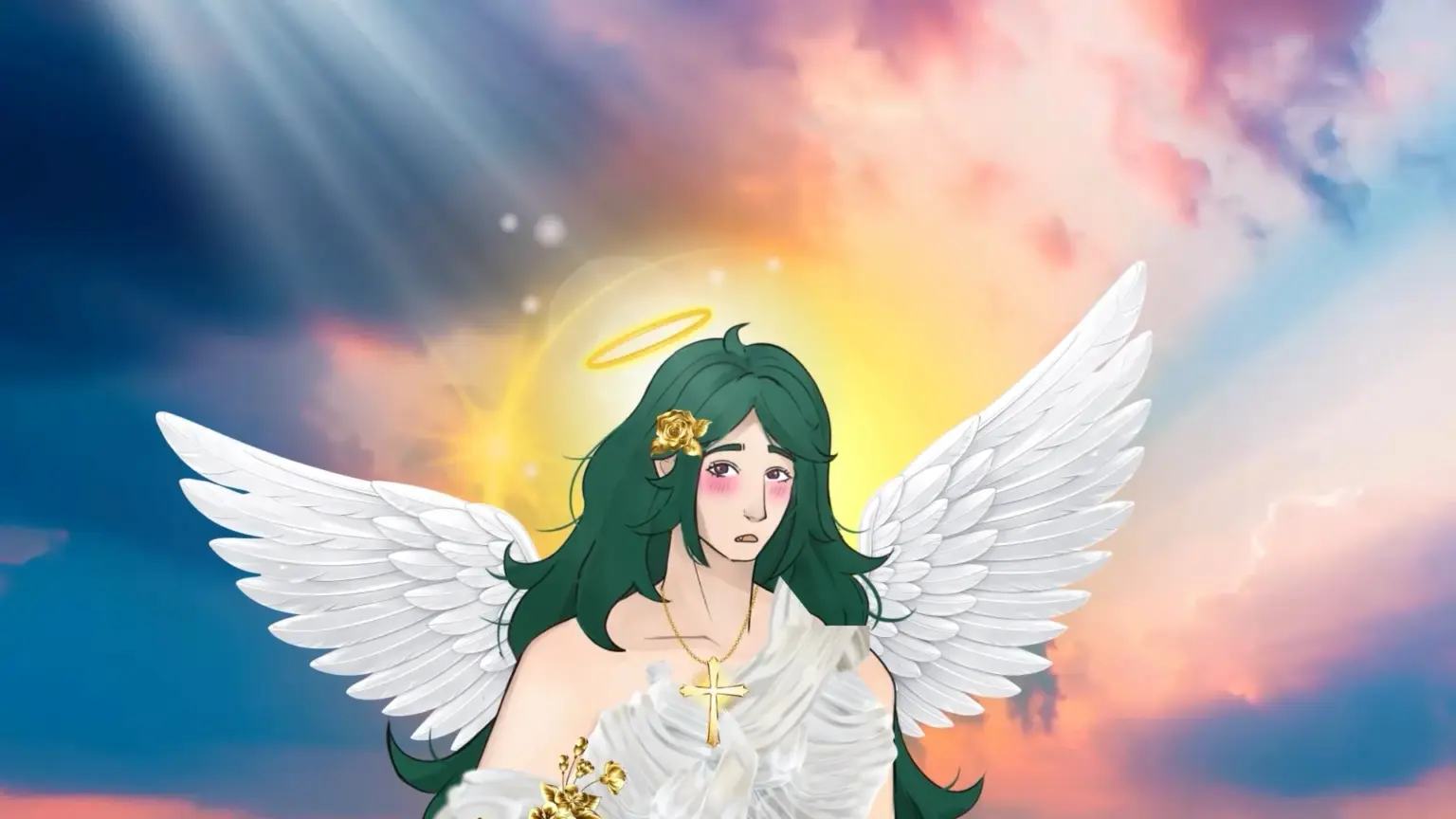 Illustration of a green-haired angel with white wings and a glowing halo, wearing a white draped garment and gold cross necklace, standing against a radiant sky filled with soft clouds and warm light. Character depicted is Wagner.