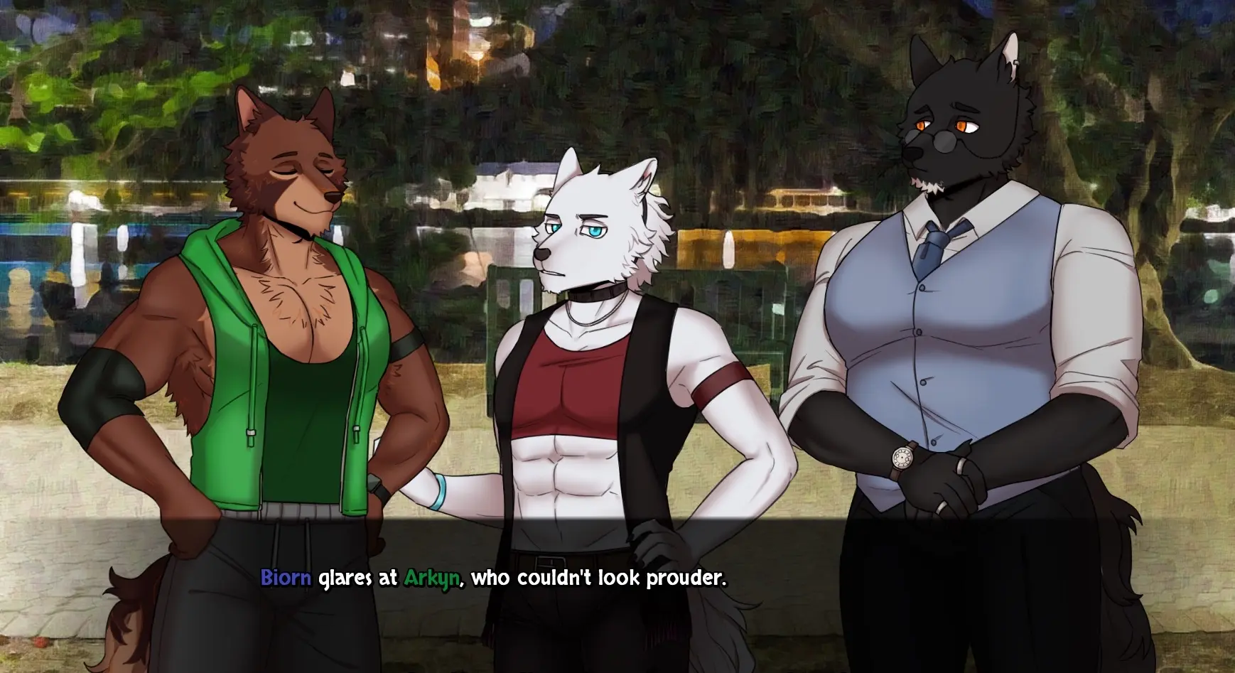 The white wolf, Biorn, glares at the brown wolf, Arkyn, who smiles proudly with closed eyes. The black wolf beside them observes quietly. Text narration at the bottom says Biorn glares at Arkyn, who couldn’t look prouder.