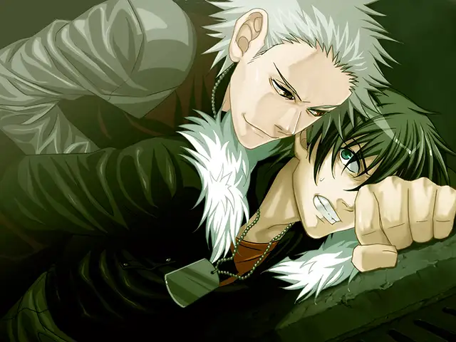 Scene from Togainu no Chi showing Akira pinned against a wall by Keisuke. Akira clenches his teeth in resistance, while Keisuke leans in close with a conflicted and intense expression. The tension between them is palpable, reflecting the game’s darker themes of power, desperation, and twisted affection. Dog tags hang from Akira’s neck, emphasizing his identity as a fighter.