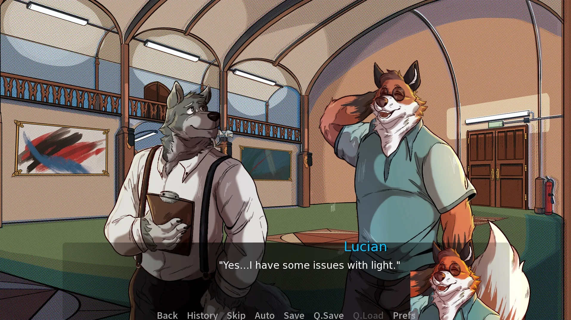 Lucian, a fox character, stands in a warmly lit hall beside an older wolf holding a book in the furry visual novel Light My Way by Bat Studios. Lucian says, “Yes… I have some issues with light,” reflecting the game’s theme of supernatural powers and self-discovery.
