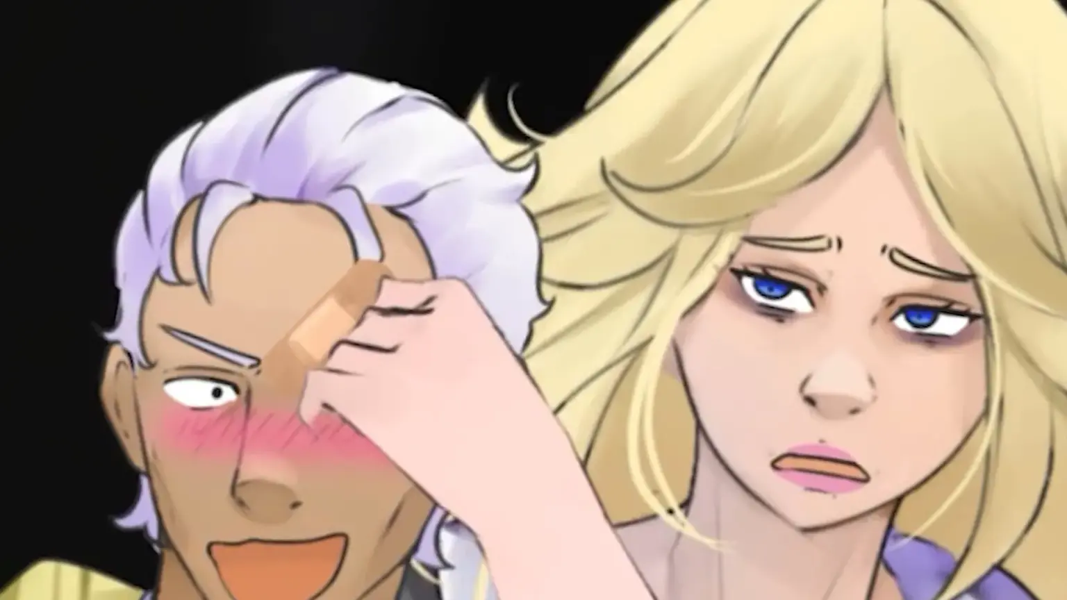 A close-up illustration of two characters against a dark background. On the left, a light-skinned man with short white hair looks flustered, his face flushed red as a hand presses a bandage against his forehead. On the right, a blonde woman with blue eyes looks worried and tired, her expression serious as she focuses on tending to his injury. Characters depicted are Reginald and Amy.