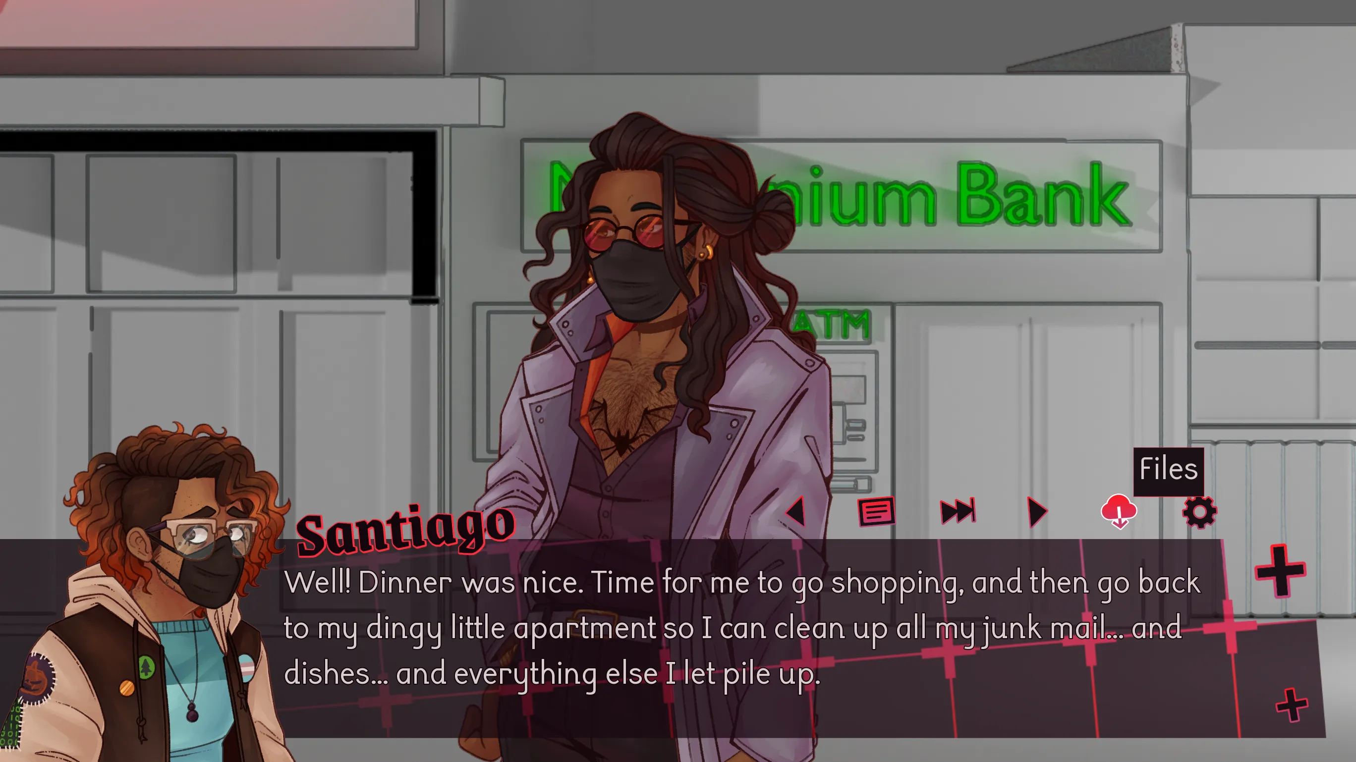 Visual novel scene from Blood & Play showing Santiago talking to another character outside a building with a ‘Platinum Bank’ sign in the background. Santiago wears a brown jacket and glasses, while the other character has long hair, a purple coat, and a face mask.