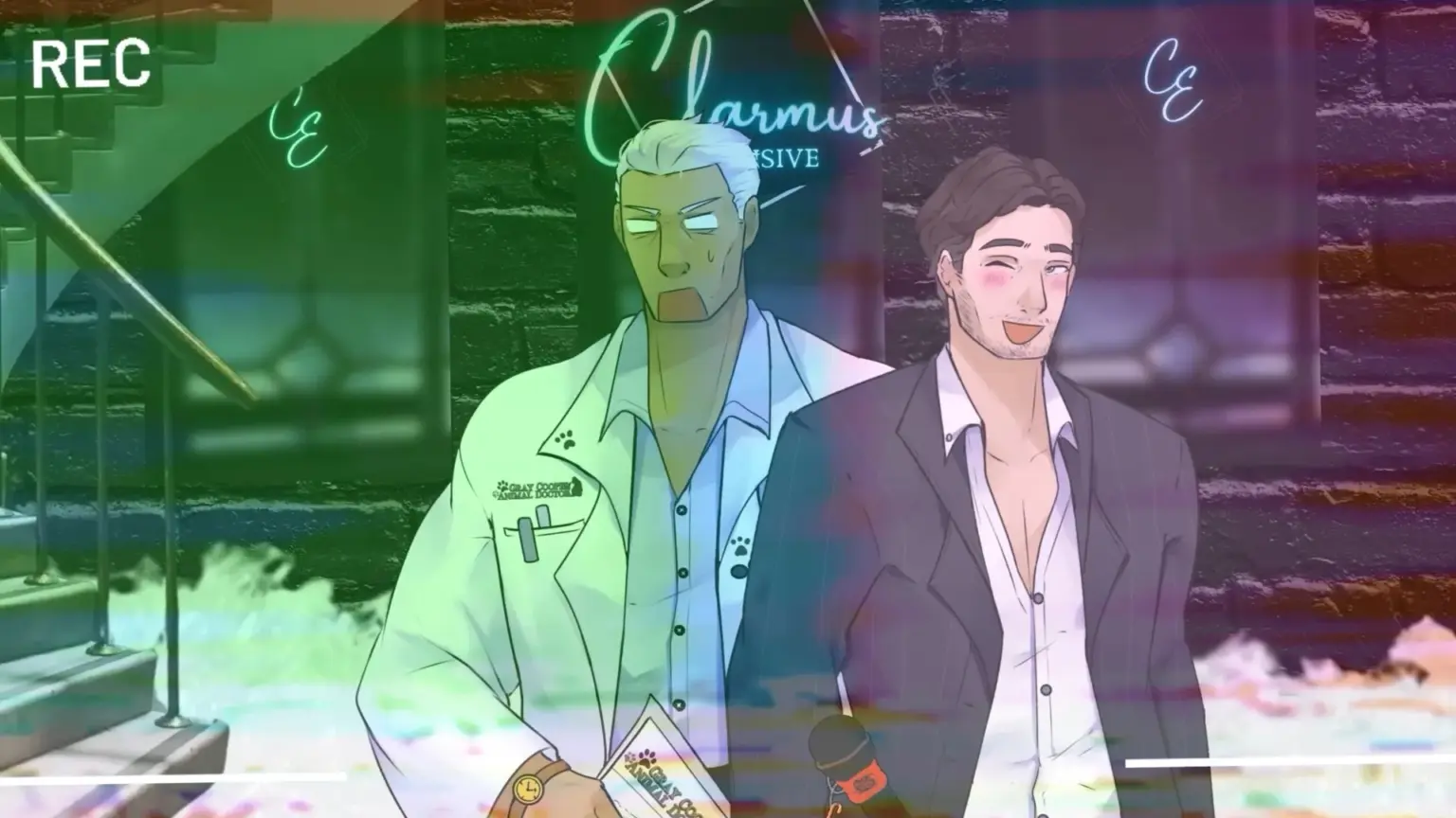A stylized illustrated scene with a recording overlay shows two men standing side by side outside a brick building at night. On the left, a tall silver-haired man in a white lab coat with paw-print details looks tense and wide-eyed, holding papers in his hand. On the right, a brown-haired man in a dark suit jacket smiles nervously with flushed cheeks. Neon signs reading “Clarmus Exclusive” and “CE” glow behind them, snow covers the ground, and green and rainbow-tinted recording glitches sweep across the image, with a “REC” indicator visible in the top corner. Characters depicted are Gray and Gary.
