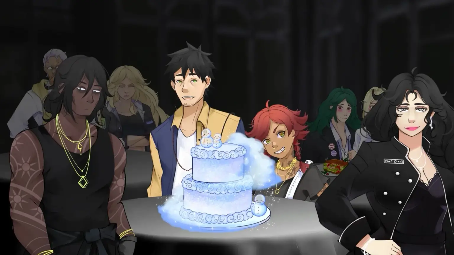 A group of illustrated characters gather around a round table in a dim setting, centered on a glowing blue, winter-themed cake decorated with snowmen and frosty details. The characters have varied appearances and expressions, ranging from calm and curious to cheerful and proud. One character in a chef’s outfit stands confidently at the front, while others lean in to admire the cake. Additional figures are visible in the background, softly lit, creating a cozy yet dramatic group scene focused on the magical cake. Characters depicted are Clyde, Drake, Chappy and Claris.