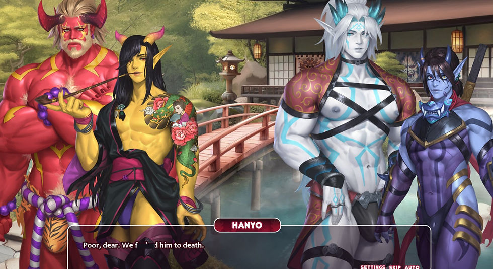 Four colorful, horned characters stand on a bridge in a garden. One holds a pipe. Caption reads: "Hanyo: Poor, dear. We f____d him to death."