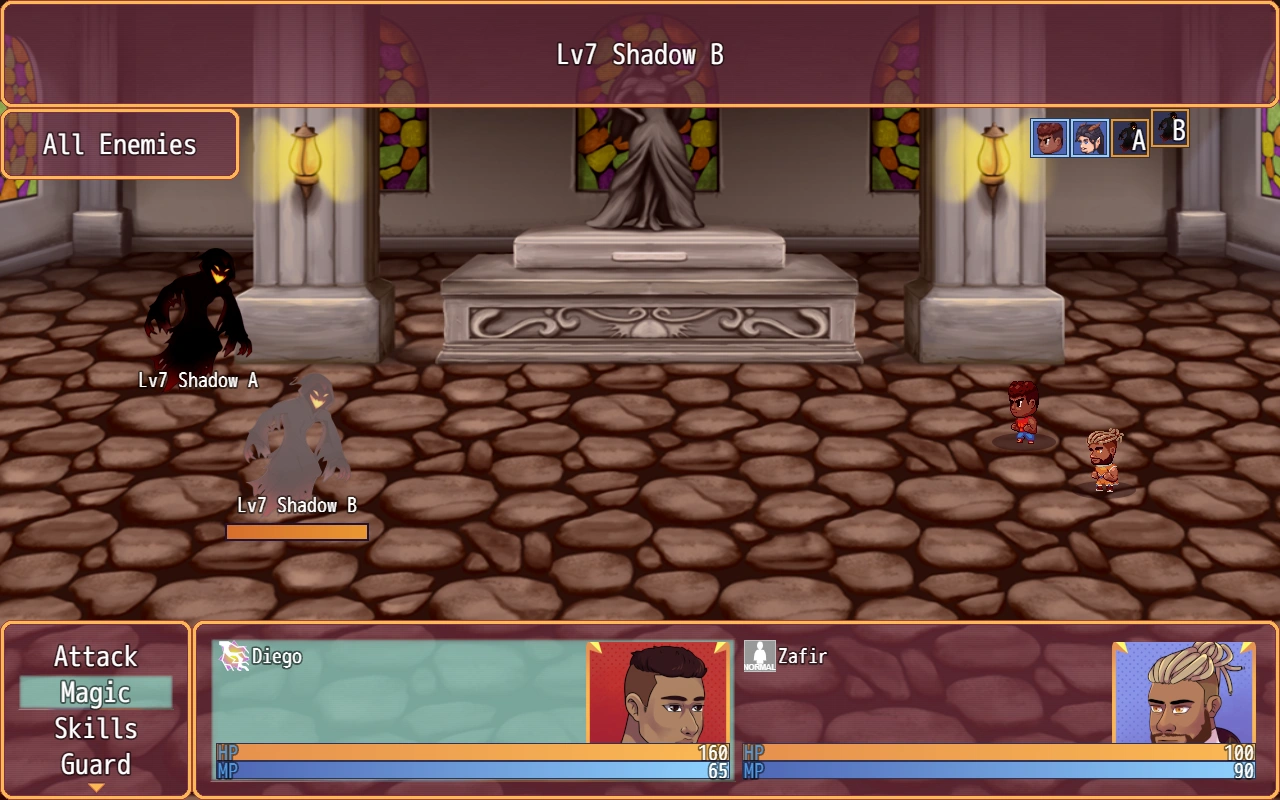 A turn-based battle scene from Burning Horns set inside a stone chapel. Two playable characters, Diego and Zafir, face off against shadowy enemies labeled “Lv7 Shadow A” and “Lv7 Shadow B.” The user interface displays options for Attack, Magic, Skills, and Guard, along with health and magic bars for each character.