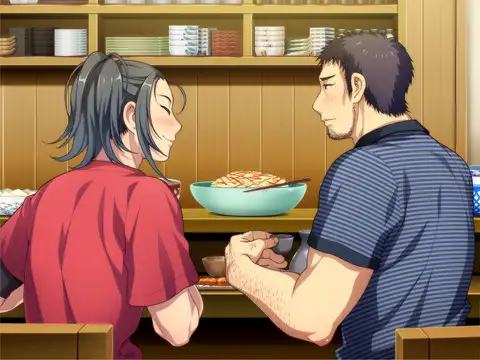 This charming scene from NO, THANK YOU!!! captures a candid moment between two characters seated at a cozy restaurant counter. One character, with a flushed, playful expression, leans toward the other, who appears calm yet attentive, creating a dynamic of warmth and subtle tension. The background, filled with dishes and a homely atmosphere, highlights the casual and intimate nature of the interaction. This scene reflects the game’s ability to blend lighthearted moments with the deeper connections between its characters.