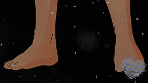 Damien from "I Married a Monster on a Hill" his feet shown in a gif covered with sparkles and the series logo on the right hand corner.