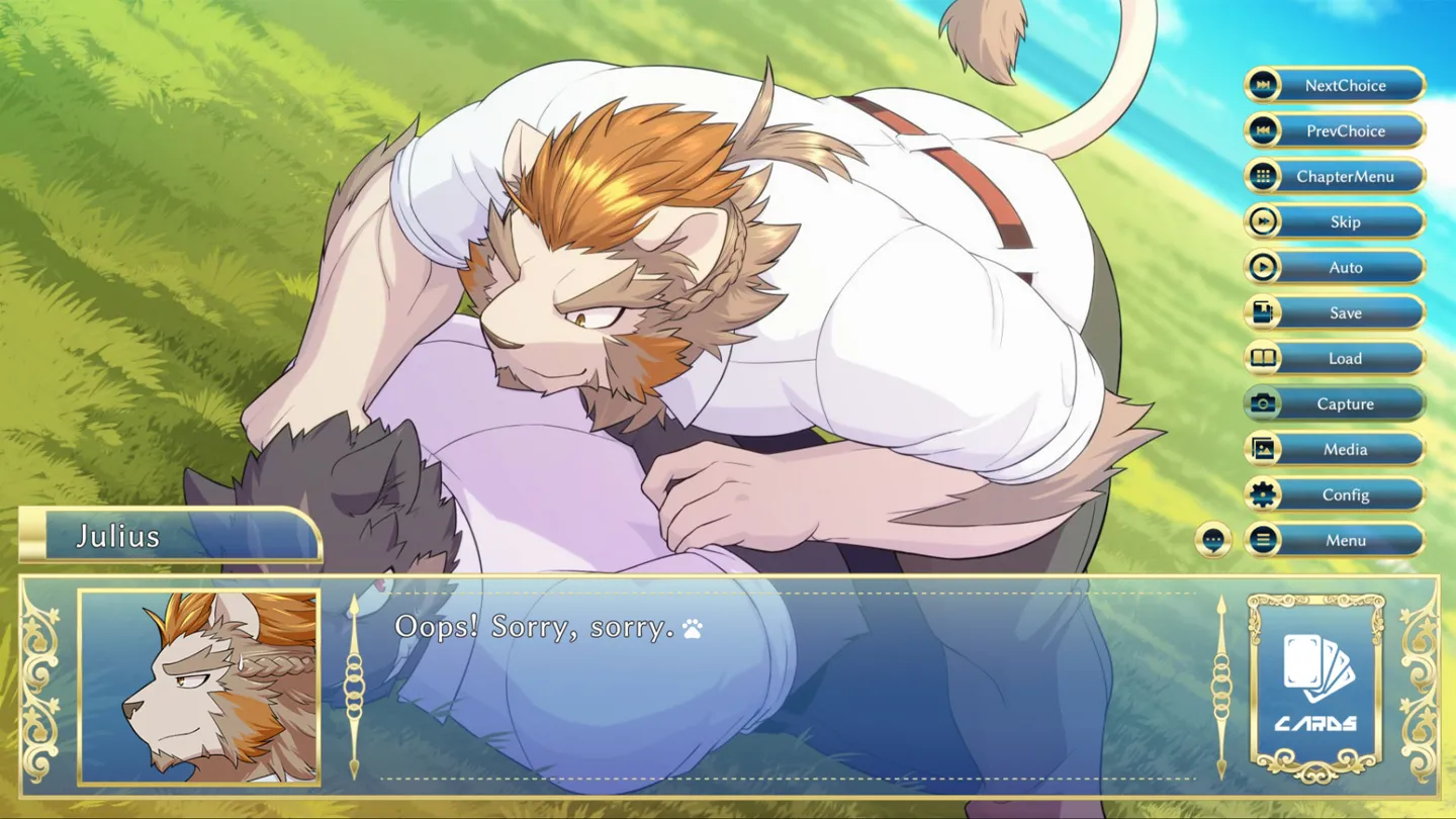 Furry bara visual novel Knights College gameplay screenshot showing two male anthropomorphic characters in an intimate moment on the grass, with dialogue and menu options visible on screen.