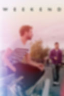 The movie cover for Weekend features two men in an outdoor setting. One man, dressed in a white t-shirt with black stripes, is sitting on a railing, gazing into the distance. The other man, wearing a purple hoodie, walks along the path while looking at his phone. The background shows trees and an urban landscape, with a soft, pastel gradient overlay that gives the image a reflective and serene tone. The title "Weekend" is displayed at the top in simple, bold letters, emphasizing the film's focus on the connection between the characters during a brief but impactful period.