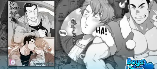 Promotional image for My Friend’s Dad Is a Hunk – Chapter 5 featuring black-and-white manga art of a confident, muscular older man interacting closely with a shy younger man, including a holiday-themed scene and romantic moments, with the Boys Love Universe logo in the corner.