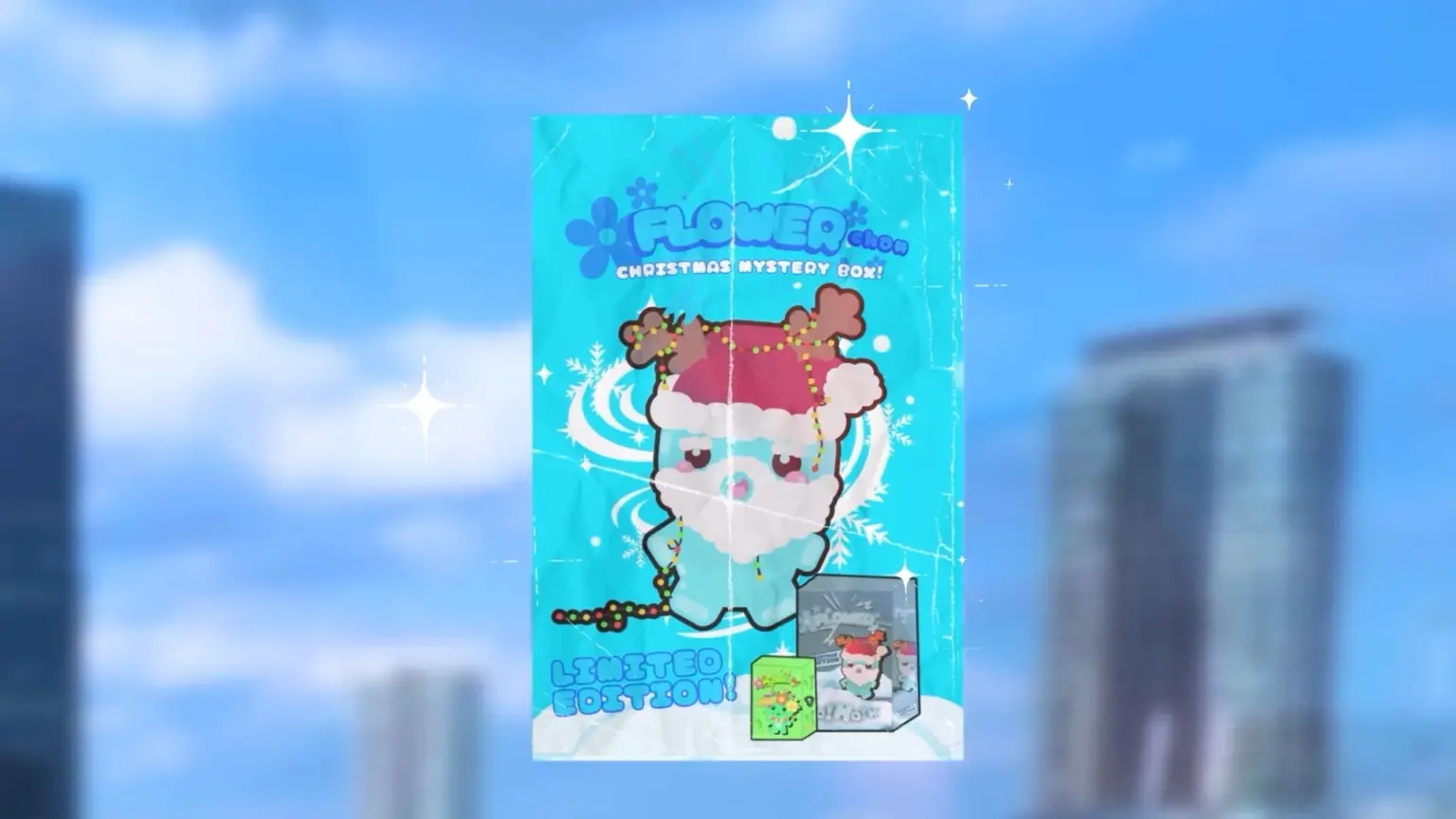 A bright turquoise illustrated package labeled “Flower Chan Christmas Mystery Box” floats against a blue sky background. The front shows a cute character dressed like Santa with holiday lights wrapped around them, sparkles around the box, and “Limited Edition” text near the bottom alongside small images of collectible items.
