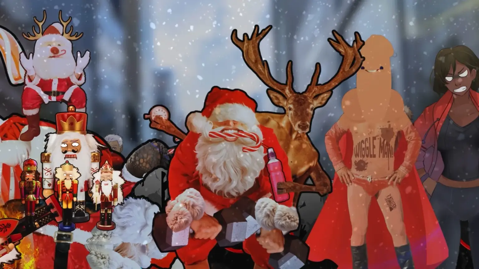 Collage-style illustration featuring multiple Santas, nutcracker figures, a reindeer, and exaggerated holiday characters gathered in a snowy city scene, emphasizing the over-the-top spectacle of Yuletide Brawl Royale. Characters depicted are Santas, Wiggle Man and Kay.