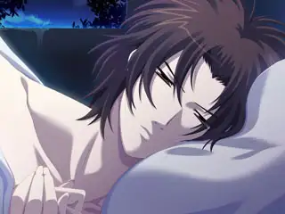 A young man with tousled dark brown hair sleeps peacefully on a white pillow, lit softly by moonlight through an open window.