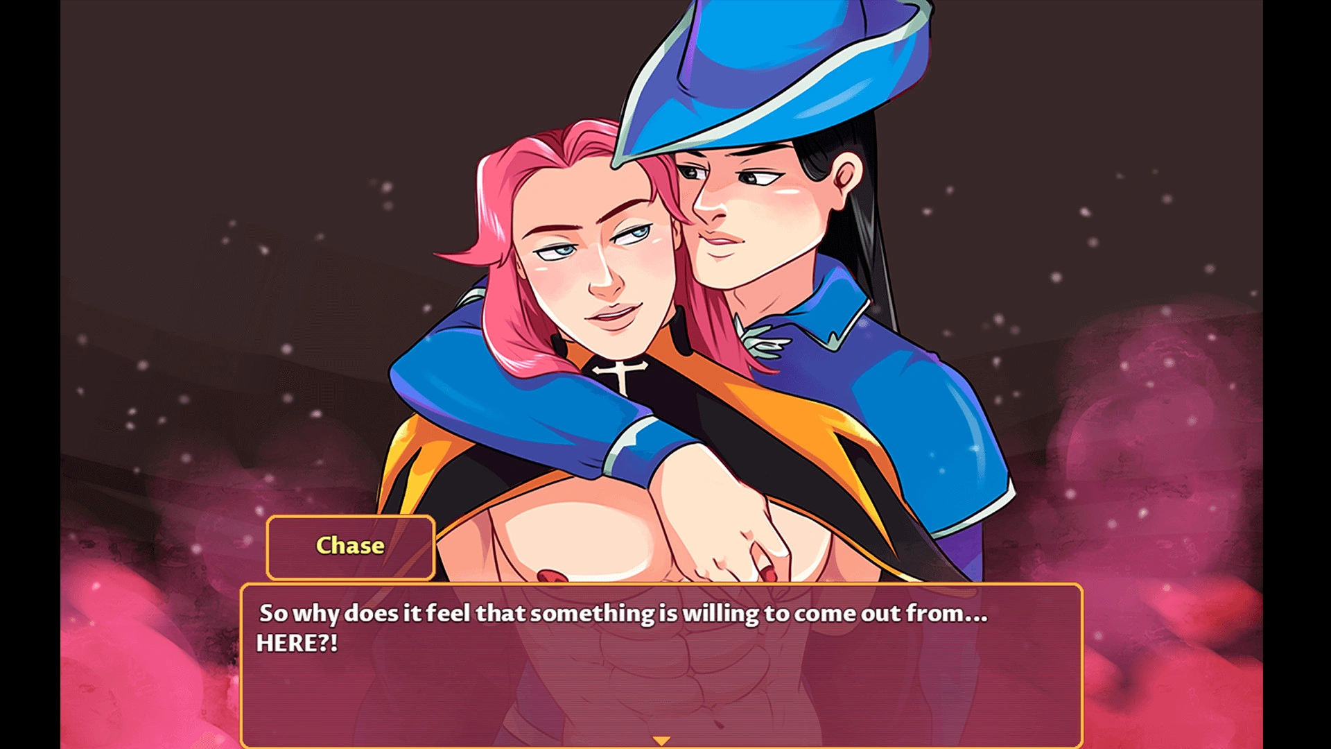 A stylized visual novel scene showing two male characters in an embrace. One has pink hair and is partially shirtless, while the other, wearing a blue hat and cape, wraps his arm around him. The background is dark with soft glowing particles, and a text box with dialogue from the character Chase is displayed at the bottom.
