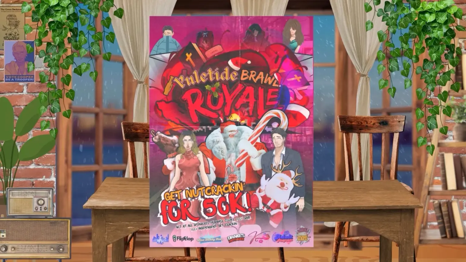 Promotional poster for Yuletide Brawl Royale displayed indoors between wooden chairs and tables, featuring illustrated characters, Santas, candy canes, and the slogan “Get Nutcrackin’ for $50K,” set against a festive holiday backdrop.