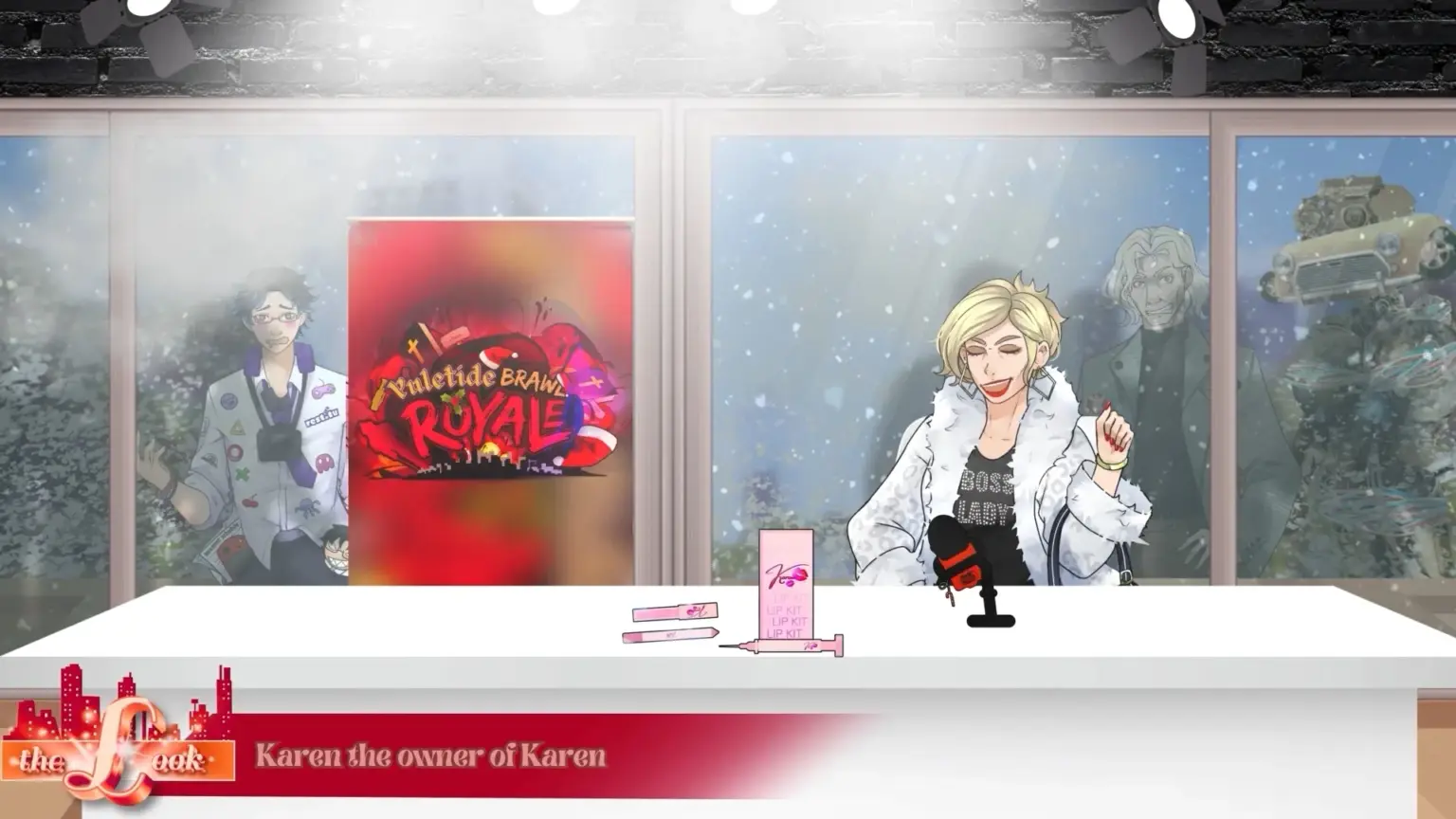 An animated talk show set with a blonde woman seated at a white desk holding a microphone, smiling confidently as snow falls outside large studio windows. Behind her are posters for “Yuletide Brawl Royale,” with shadowy figures visible through the glass and makeup products displayed on the desk. Character depicted is Karen.