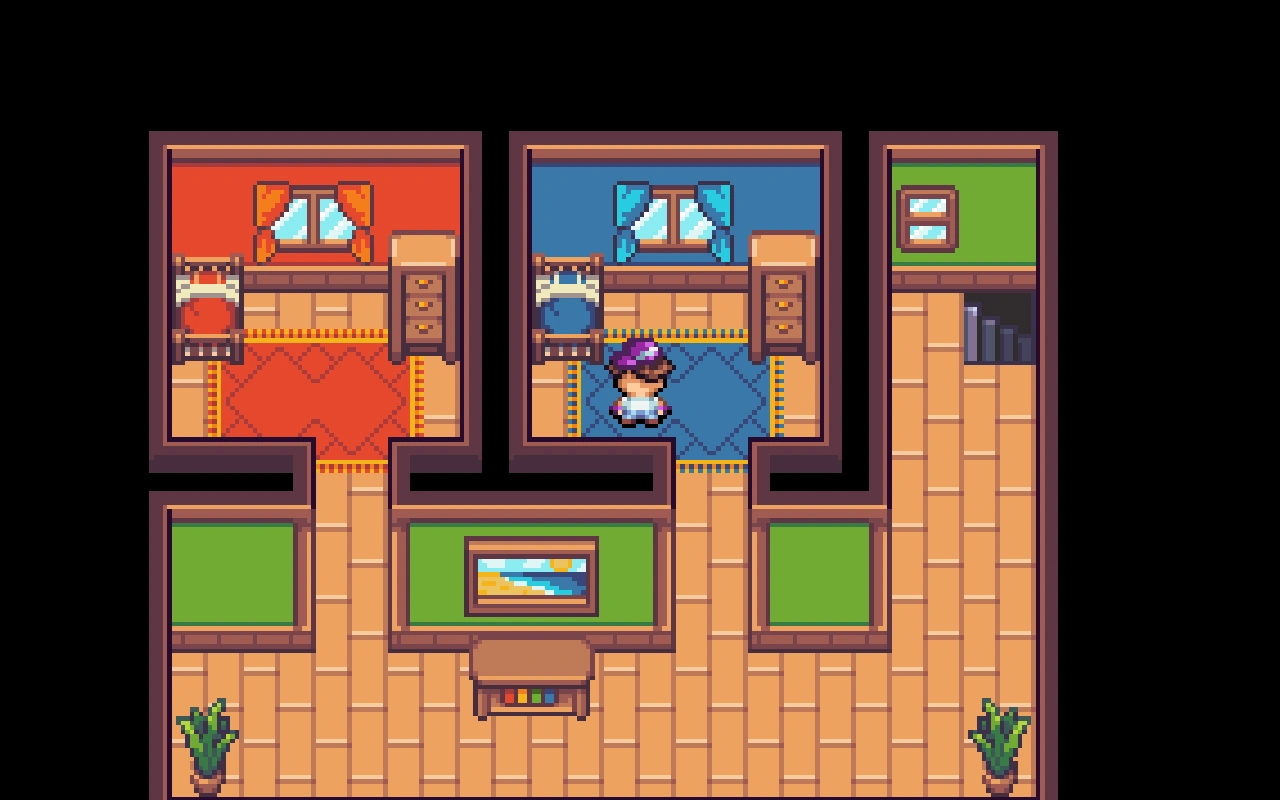 A pixel art interior of a house in a retro RPG game. The room features two bedrooms—one with red décor and one with blue décor—and a small hallway with wooden floors, plants, and a staircase leading downstairs. A character wearing a purple hat stands in the blue bedroom.