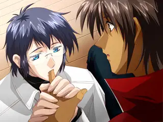 Anime-style scene from a SandalDash game showing two young men in an emotional moment—one gently holds and kisses the other's hand while gazing into his eyes.