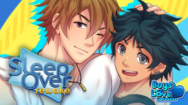 Artwork of Kano and Aki from Sleepover: reWake by BLits, smiling together in a close pose. The game logo “Sleepover: reWake” is shown, along with the Boys Love Universe watermark.