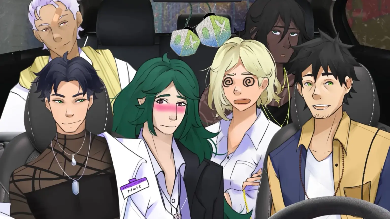 An illustrated interior view of a crowded taxi shows several characters squeezed together across the front and back seats. Their expressions range from amused and calm to flustered and dizzy, with one character blushing and another showing spiraled eyes. Dice-shaped air fresheners hang from the rearview mirror, and snow-speckled windows suggest cold weather outside, giving the scene a cozy but chaotic group-ride feel. Characters depicted are Nate, Wagner, Scarlett, Drake, Reginald and Clyde.