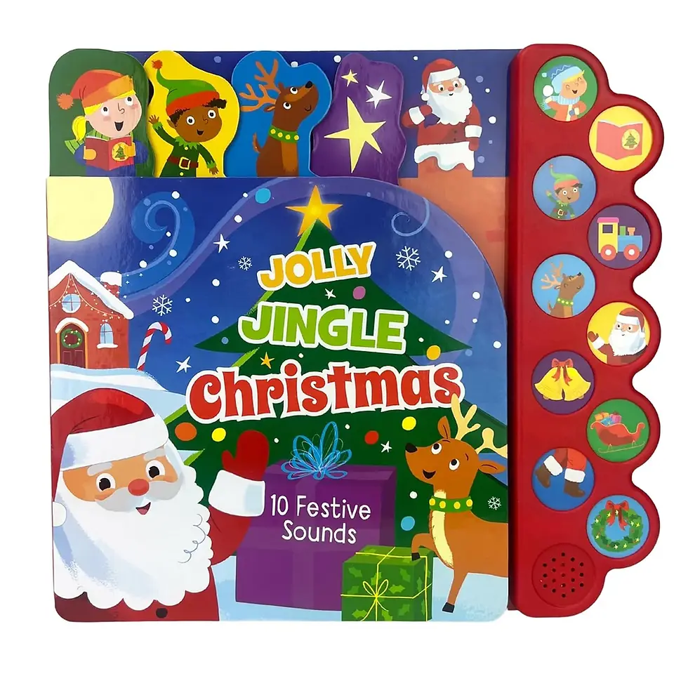 Christmas-themed children's book cover with Santa, reindeer, and elves. Features bright colors, snowflakes, and text: "Jolly Jingle Christmas."