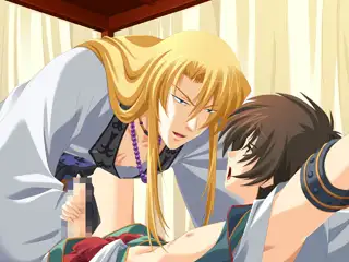 A long-haired blond man leans over a surprised young man who is restrained on a bed, creating an intense and suggestive moment.