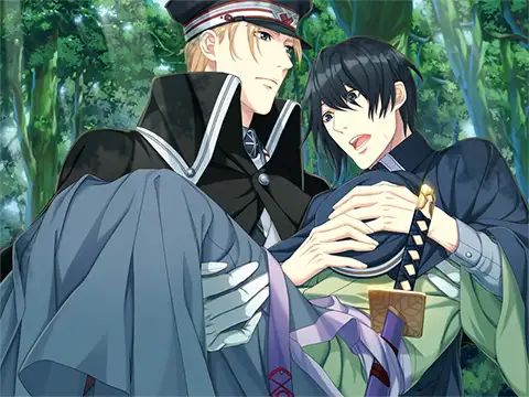 An image from the visual novel Taishou Mebiusline Reprice Version, featuring two male characters in an emotional moment. One character, dressed in a military uniform, carries the other, who appears to be injured or distressed, against a backdrop of lush green forest.