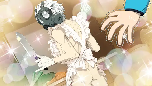 Humorous scene from DRAMAtical Murder showing Clear wearing nothing but a frilly white apron, gloves, and his signature gas mask while cooking in a kitchen. He holds a kitchen knife confidently, back turned to the viewer, revealing his bare backside. Aoba’s surprised hand reaches into frame as sparkles and lens flares add to the comedic, over-the-top mood.