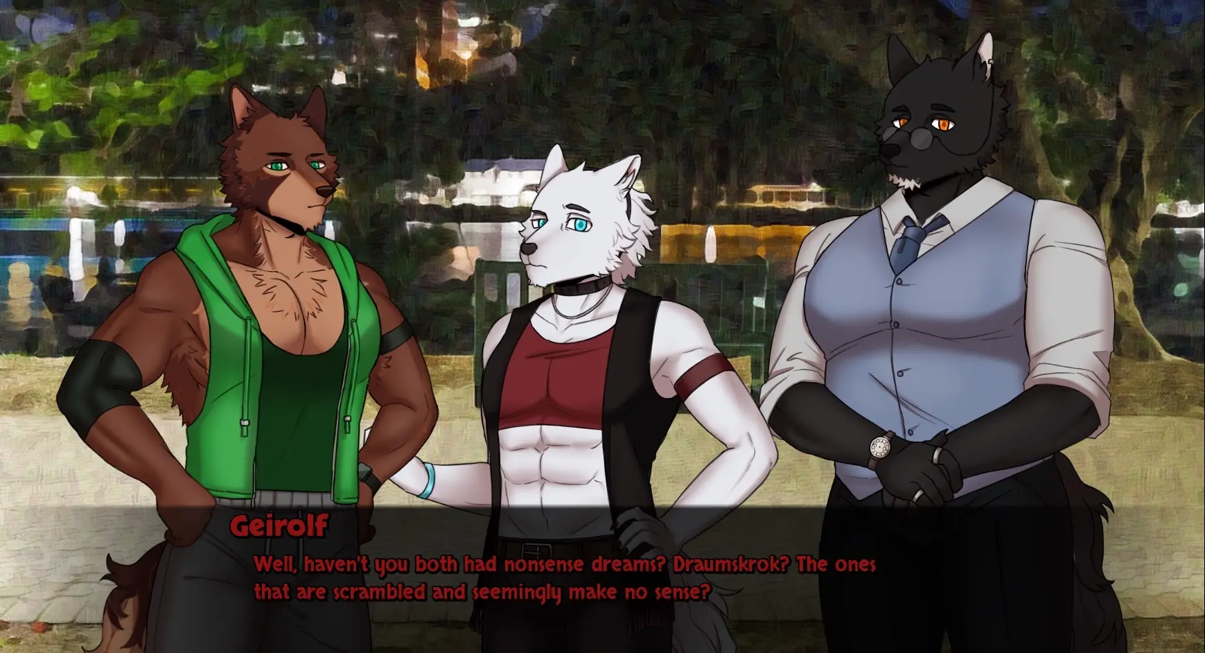 Three anthropomorphic wolf characters stand together outdoors at night. The brown wolf on the left, Geirolf, wears a green vest with a confident pose. The white wolf in the center, Biorn, looks curious with his hand on his hip. The tall black wolf on the right, dressed in a blue vest and tie, stands calmly with his hands clasped. Text at the bottom shows Geirolf speaking about nonsense dreams called “Draumskrok.”