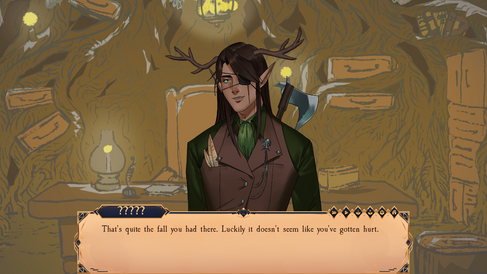 A scene from Adventures in Clairune shows a character with long dark hair, an eyepatch, and antlers, dressed in a brown vest with a green shirt underneath, standing in a warmly lit, rustic room. The character has a calm expression and carries an axe over his shoulder. The background features wooden walls and shelves filled with books and lanterns. The text box at the bottom reads: "?????: That's quite the fall you had there. Luckily it doesn't seem like you've gotten hurt."
