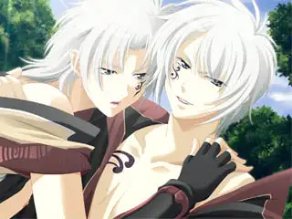 Two white-haired men with tribal markings hold each other closely outdoors. One wears armor with a glove, while the other is shirtless and smirking under the sunlit sky.