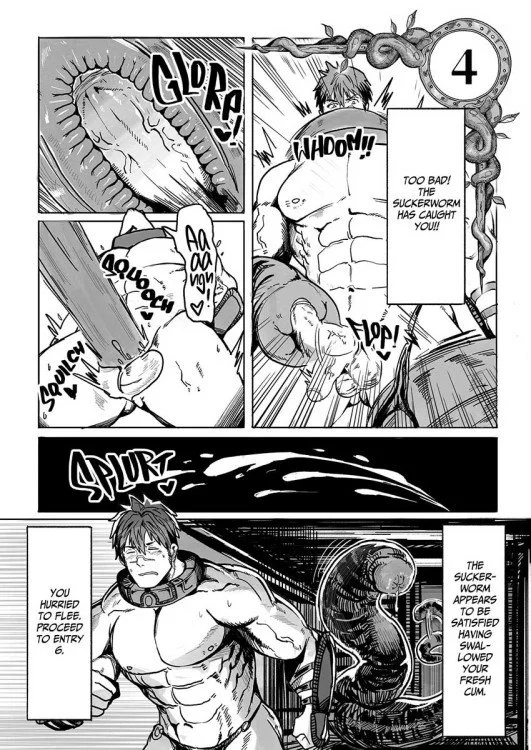 Dungeons & Dick manga panel with a close up of a muscular man's dick getting sucked by a tentacle worm monster.
