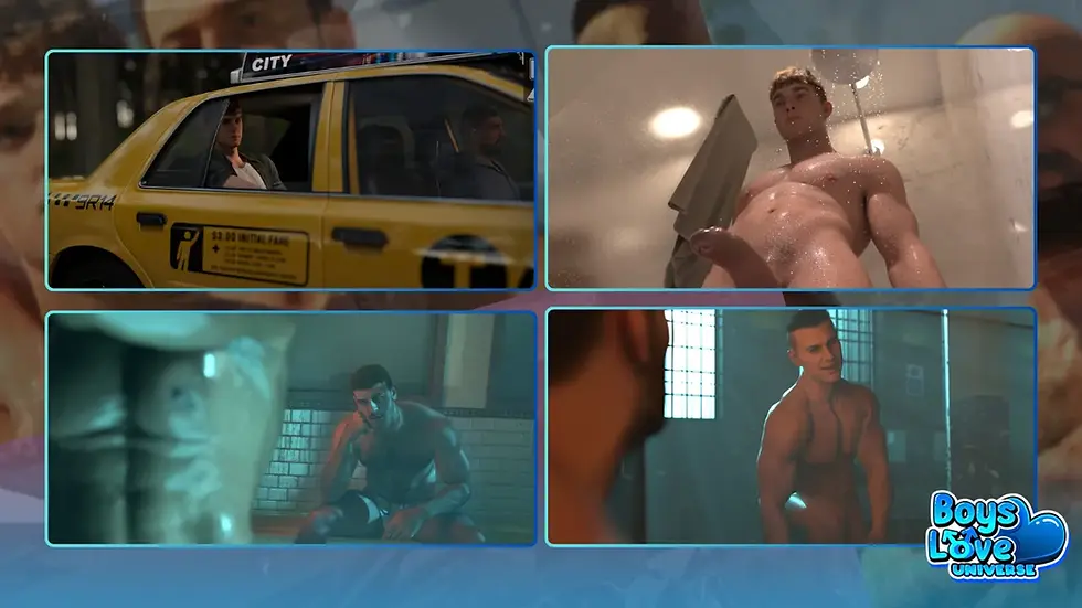 Promotional collage for Heatwave: Sam's Stay featuring four scenes from the visual novel. One image shows Sam riding in a taxi. Another shows Sam in a shower scene reflecting on his attraction and confusion. The bottom images feature a steam room encounter where Sam observes other men at the gym, highlighting the game's themes of desire, self-discovery, and temptation. The collage is framed with blue borders over a blurred background from the game, with the Boys Love Universe logo in the lower-right corner.