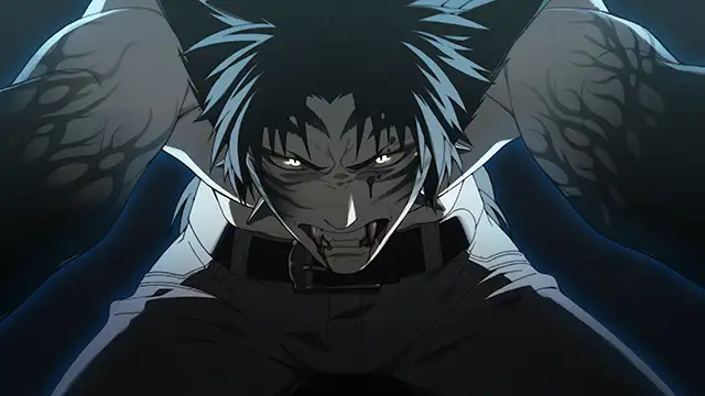 Dramatic close-up from DRAMAtical Murder re:connect showing Mink in a rage, leaning forward with blood dripping from his mouth and intense eyes glowing under a harsh light. Veins and tattoos stand out on his arms as he braces himself, creating a powerful image of fury and raw strength. The scene is shadowy and tense, capturing Mink at his most dangerous.