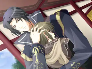 A tall man gently embraces a smaller one, holding his head close in a protective way. They stand beneath a traditional structure with red beams and an open sky in the background.