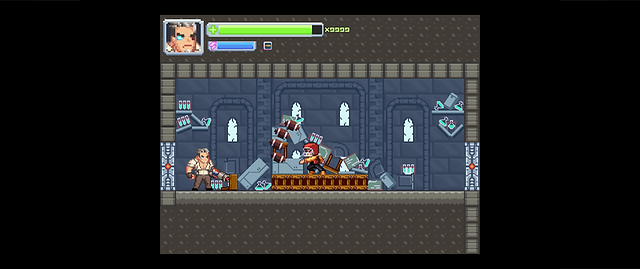 Pixel art screenshot of a 2D side-scrolling game showing a muscular main character on the left aiming a weapon at two enemies in a ruined lab. The enemies appear to be scientists or guards mid-animation on a broken table surrounded by debris. The room has tall arched windows and damaged equipment scattered around, creating a chaotic science lab setting.