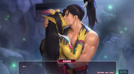 Romantic visual novel scene of a shirtless samurai passionately kissing a yellow-skinned oni with long black hair and horns. The oni wraps his arms around the samurai’s neck while they embrace in a hot spring setting, mist and glowing lights surrounding them. A dialogue box at the bottom simply displays the oni’s name, “Aku.”